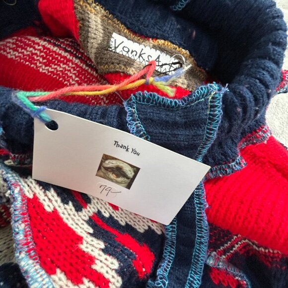VonksArt Womens Handmade Knitted Poncho Top Art to Wear Boho Red Navy New $79 - Picture 3 of 7